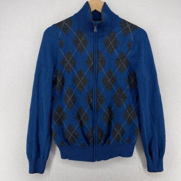 BANANA REPUBLIC Sweater Mens S Cardigan Extra Fine Wool Argyle Full Zip Blue - Picture 2 of 13